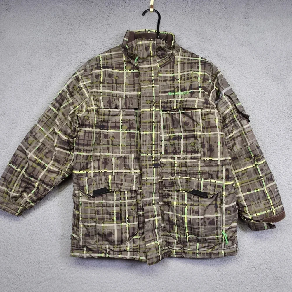 Columbia Jacket Youth 8 Brown Green Plaid Fleece Lined Insulate Outdoor Gorpcore